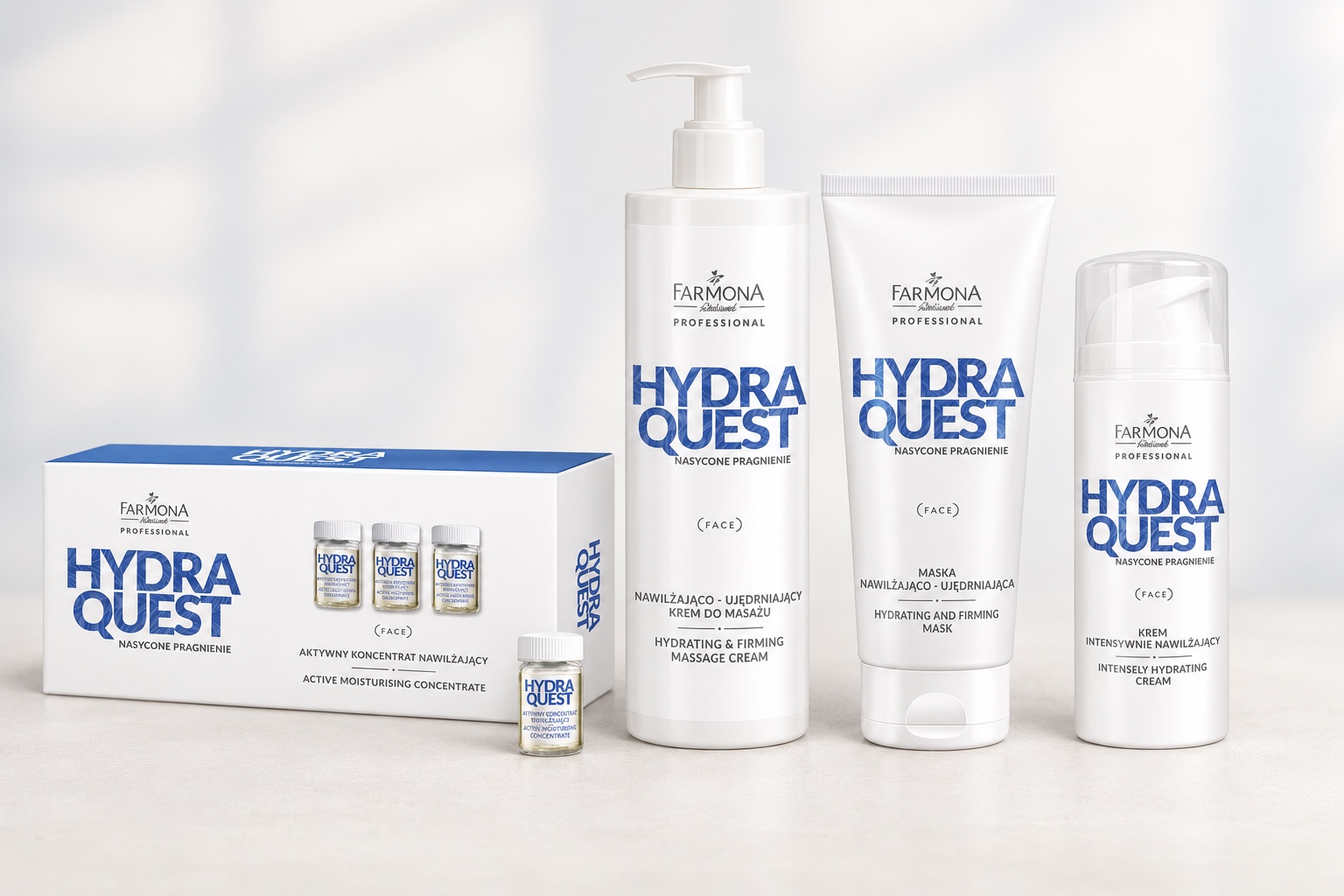 Farmona Hydra Quest Feuchtigkeitspflege-Set – 4-teilig – Produkte vor dezentem warmweißem Hintergrund