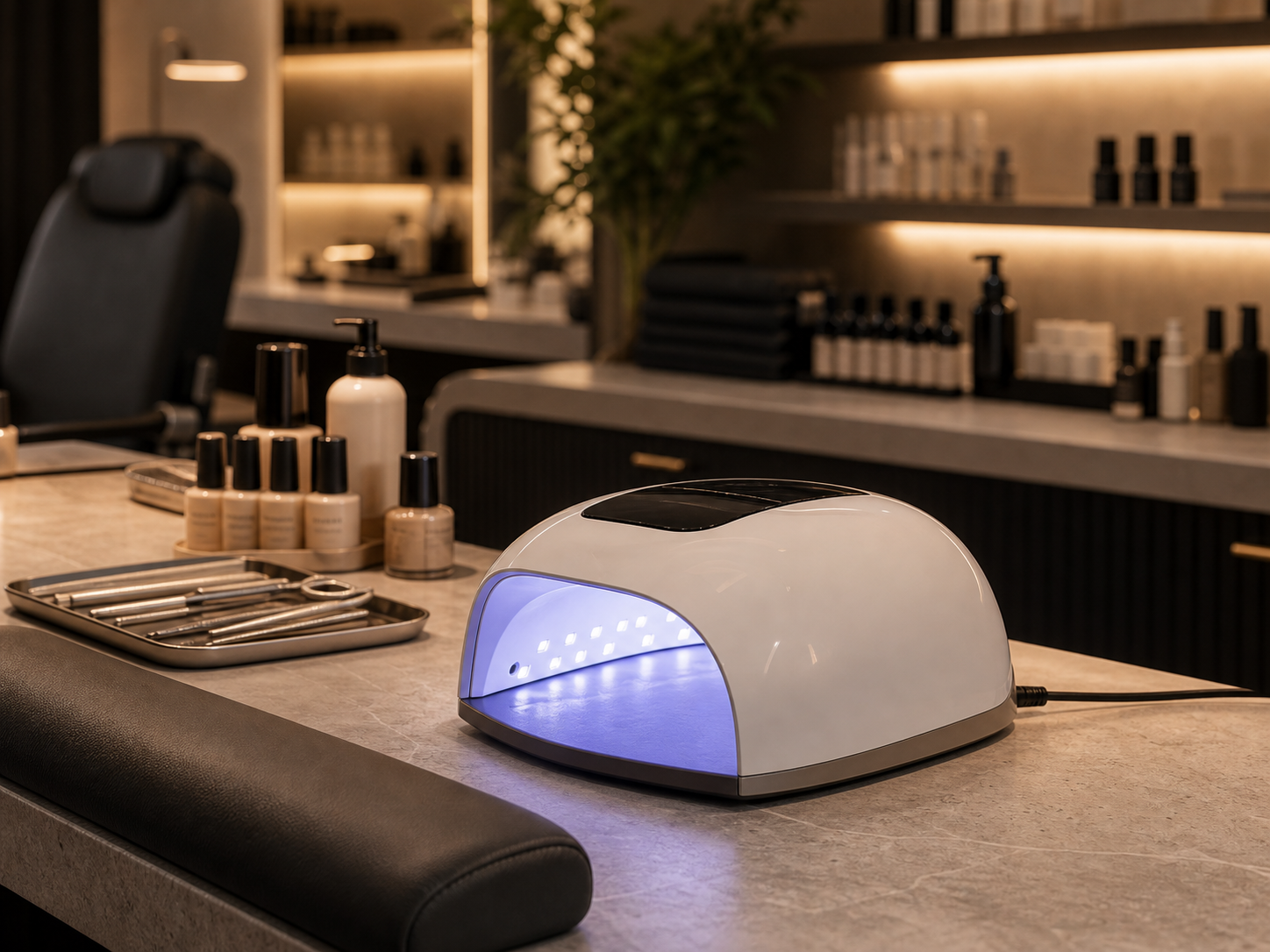 UV LED Nagellampe auf einem professionellen Maniküre-Arbeitsplatz