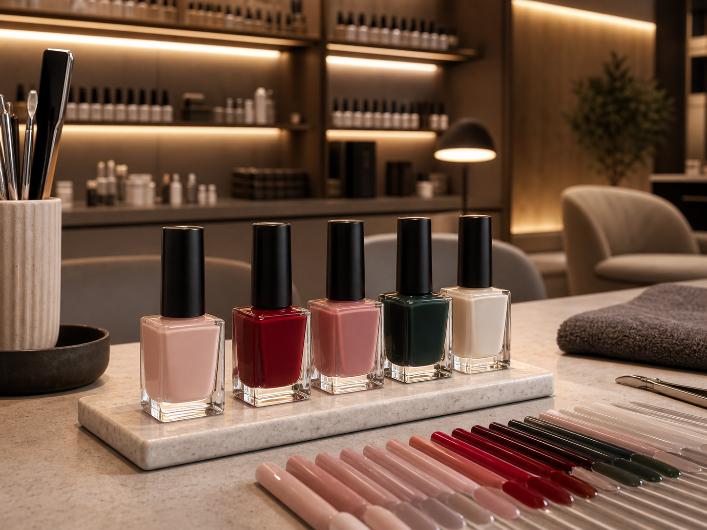 Hybridlacke in verschiedenen Farben auf einem professionellen Maniküre-Tisch