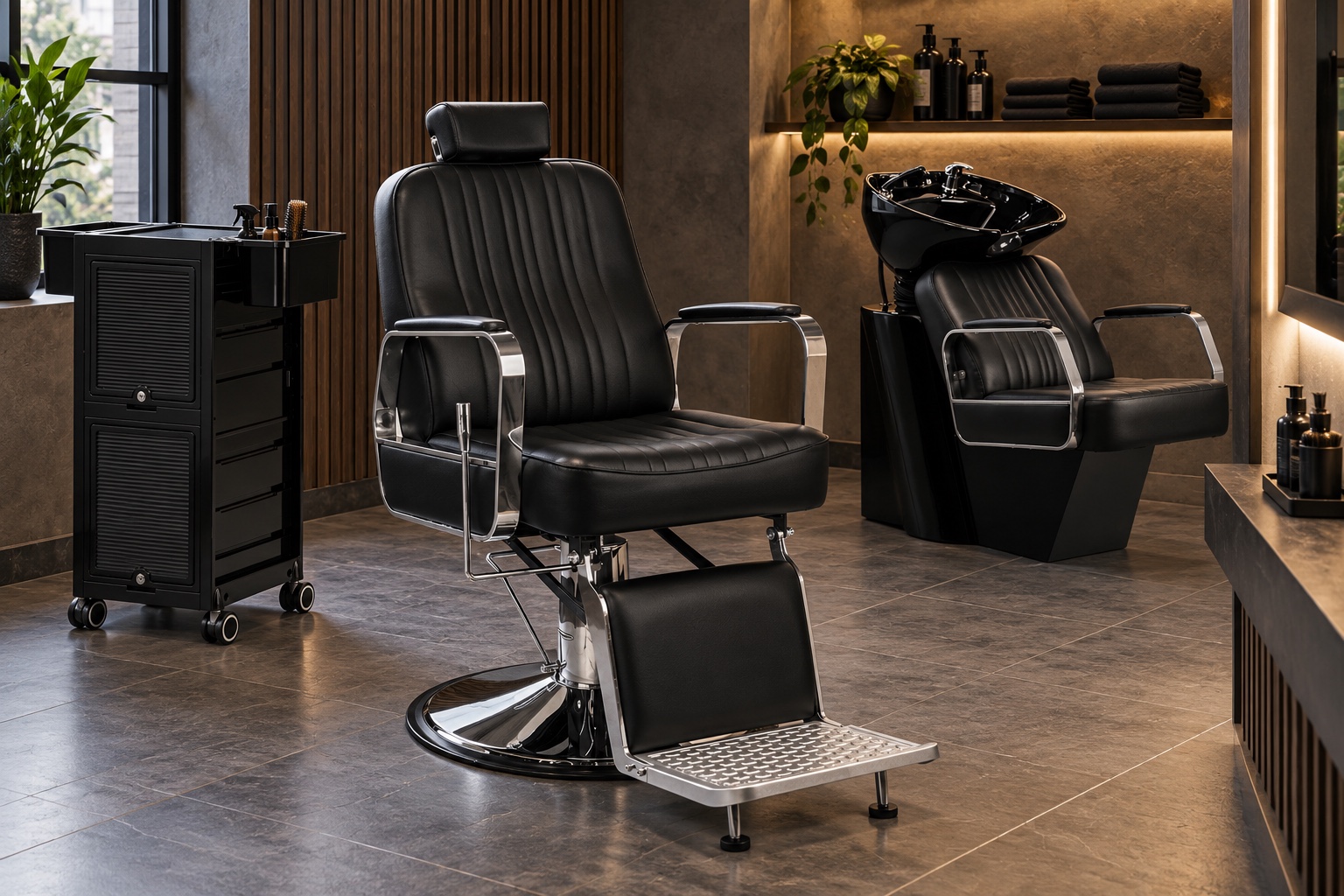 Barber-Einrichtungsset Gabbiano Patrizio – Stuhl, Waschanlage & Wagen – Einrichtungsidee mit den enthaltenen Möbeln