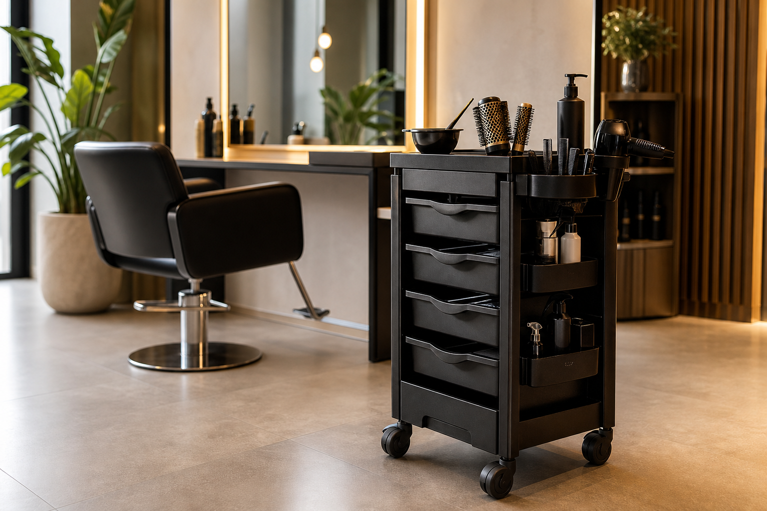 Friseurwagen und Kosmetikwagen am Arbeitsplatz