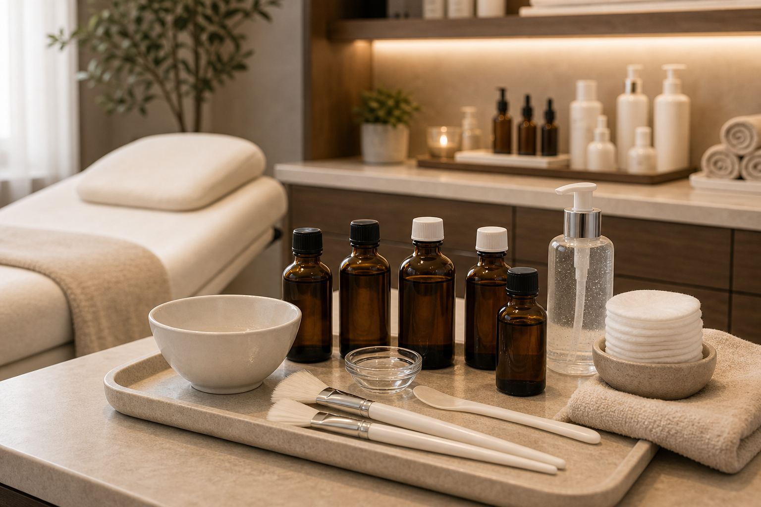 Professionelles Peeling mit Säurefläschchen, Pinseln und Pads