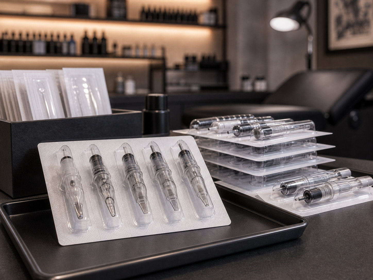 Tattoo Nadeln und Cartridges steril verpackt auf einem Studio-Arbeitstisch