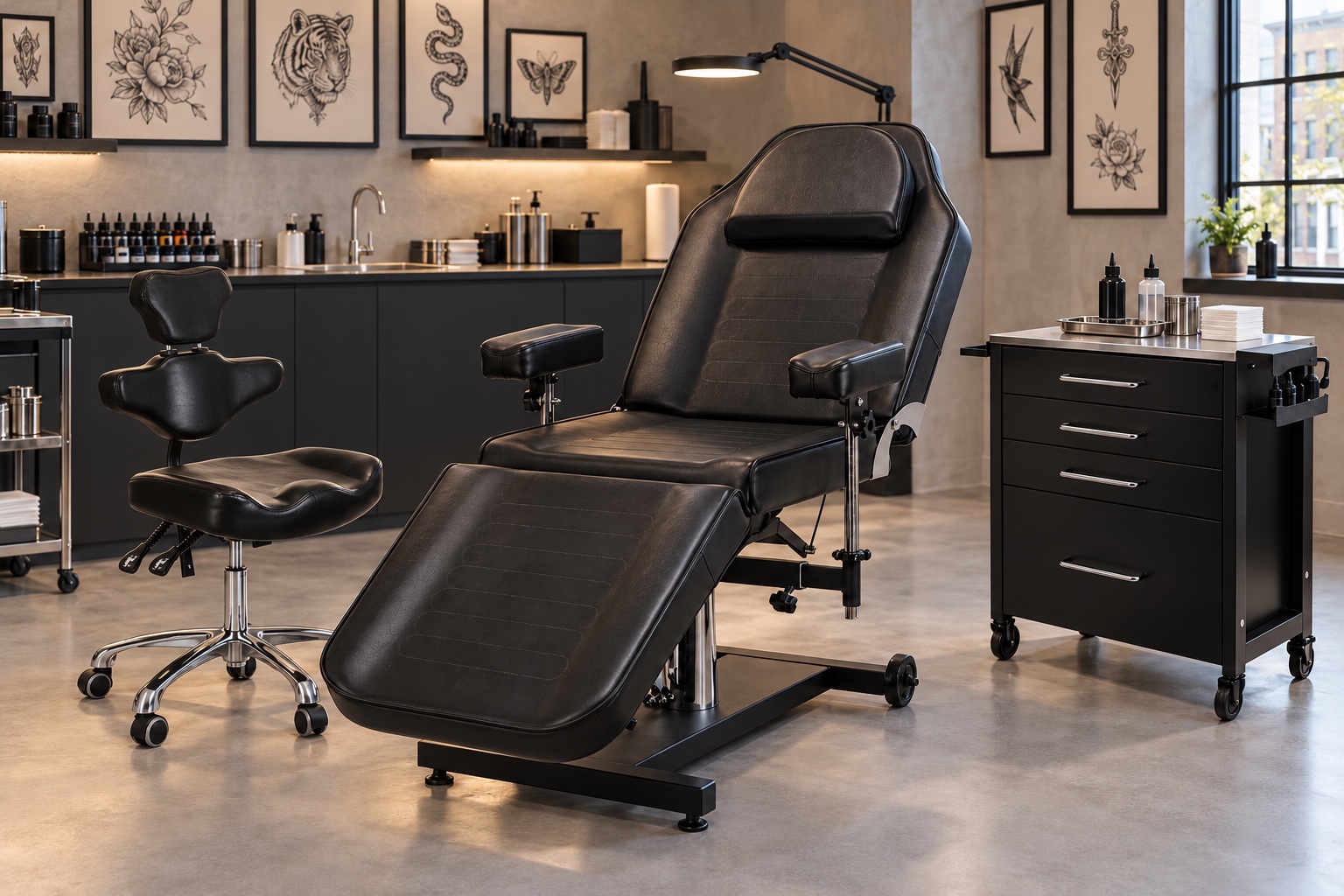 Tattoo-Arbeitsplatz mit schwarzem PRO INK 322F, Arbeitshocker 973 und Beistellwagen 702