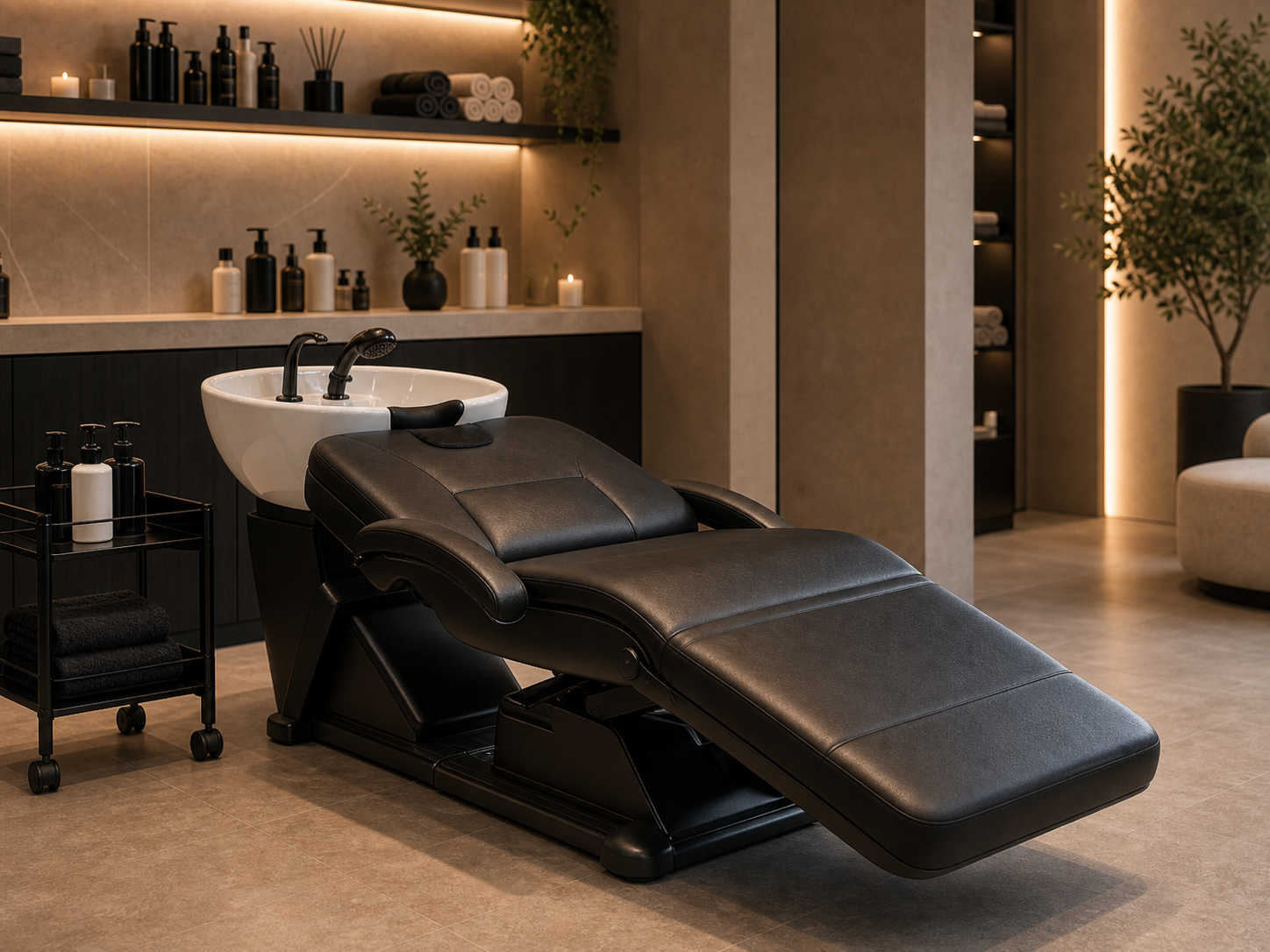 Head Spa Liege und Waschstation in einem modernen Salon-Wellnessbereich