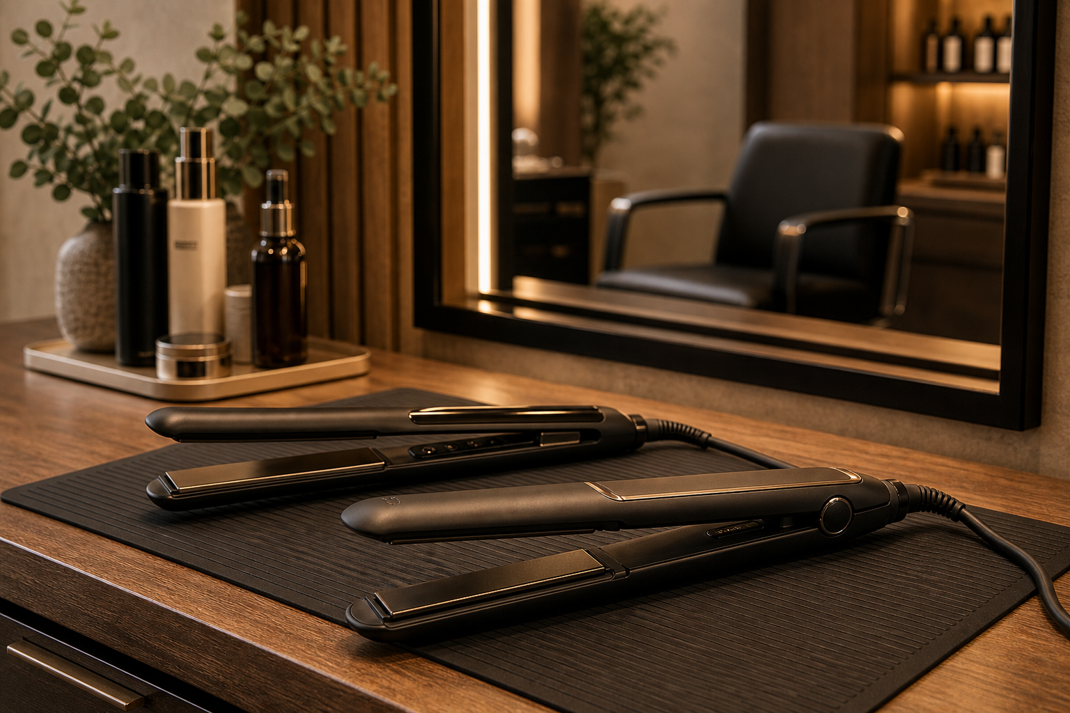 Glätteisen und Stylinggeräte an einem Salonplatz