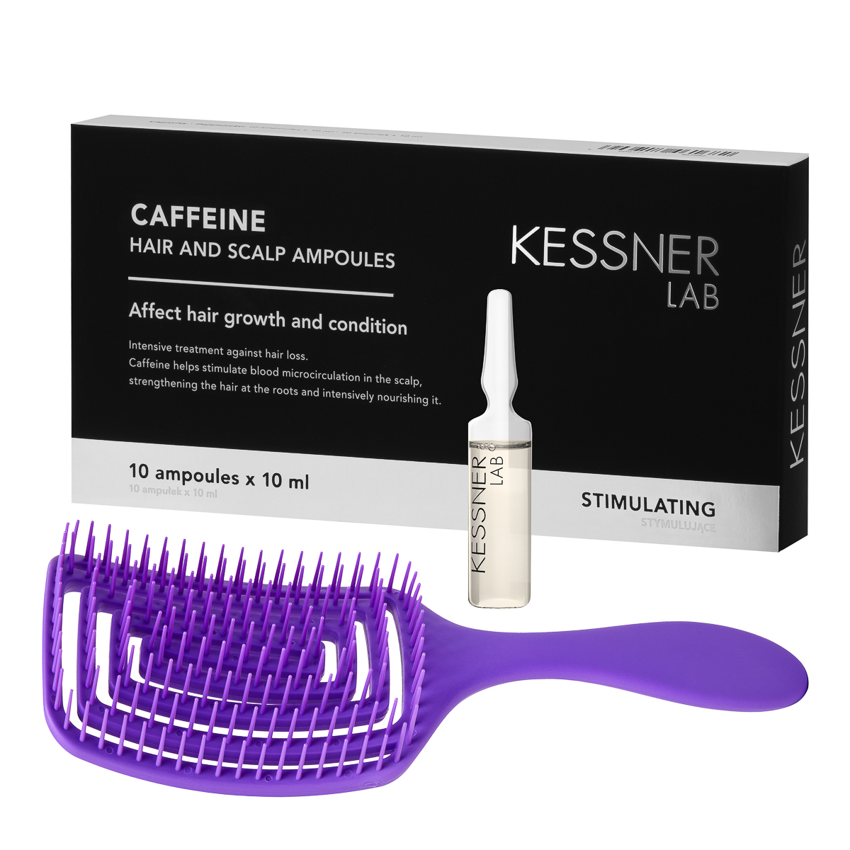 Set Flexible Haarbürste O-327 Violett mit Kessner Lab Caffeine Ampullen – Haarpflege Set