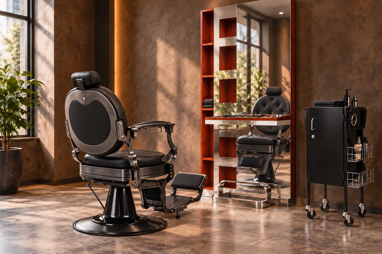 Barber-Einrichtungsset Gabbiano Niccolo – Stuhl, Bedienplatz & Wagen – Einrichtungsidee mit den enthaltenen Möbeln