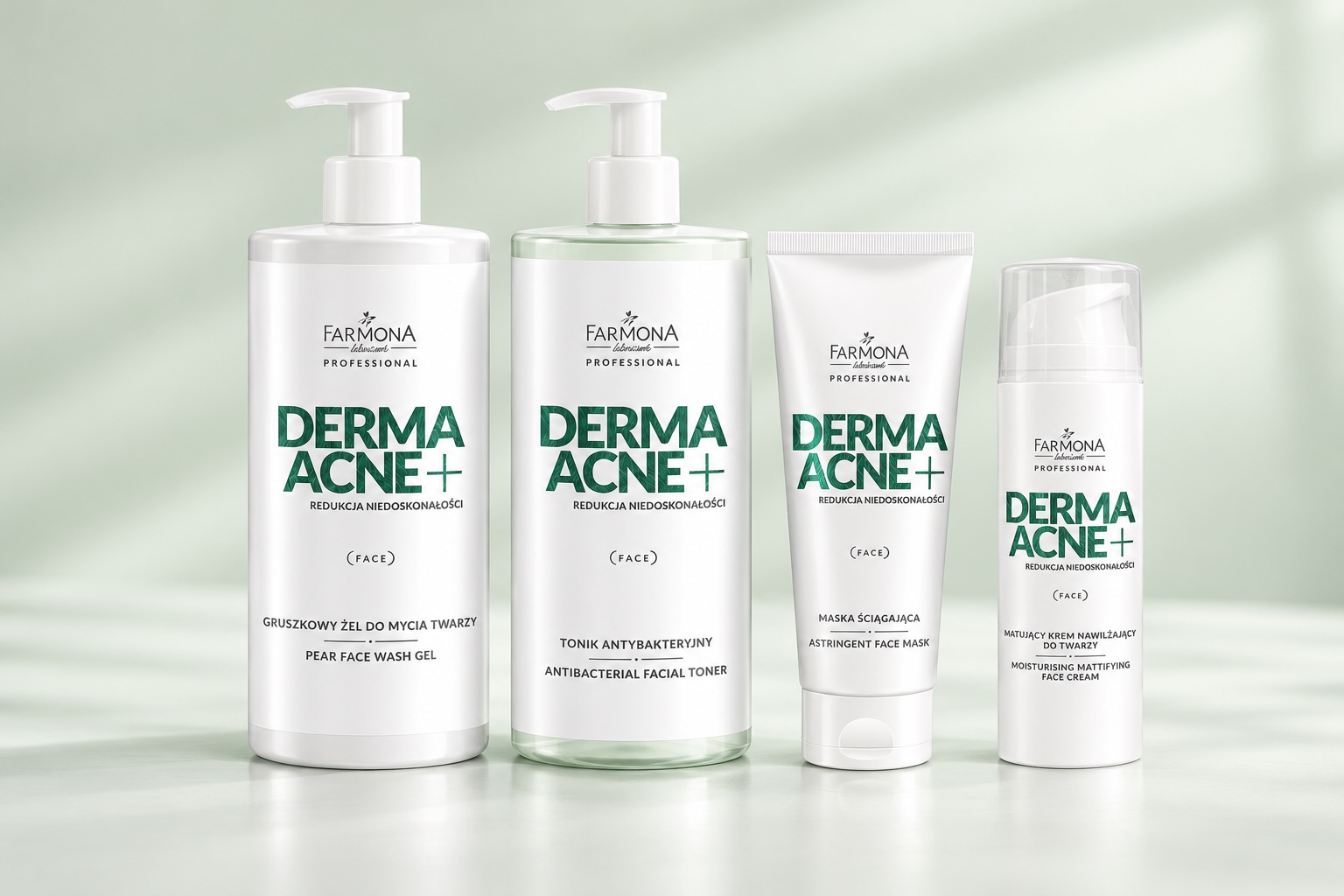 Farmona Dermaacne+ Gesichtspflege-Set – 4-teilig – Originalprodukte vor dezentem Serienhintergrund