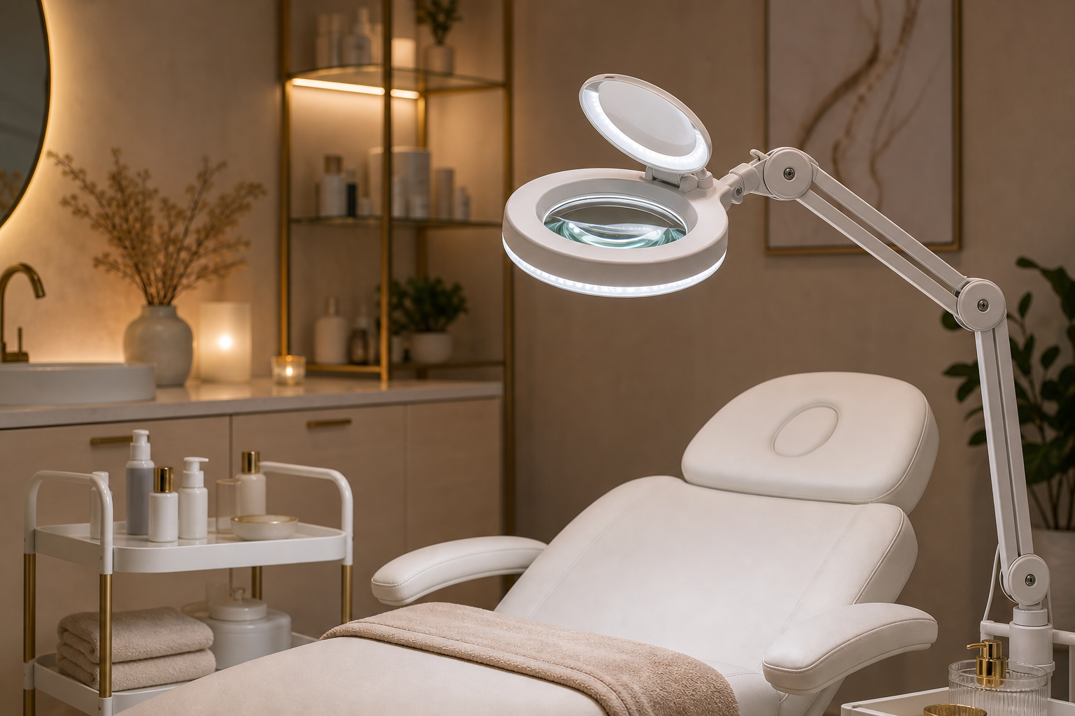 Kosmetiklampe und Lupenleuchte im Behandlungsraum