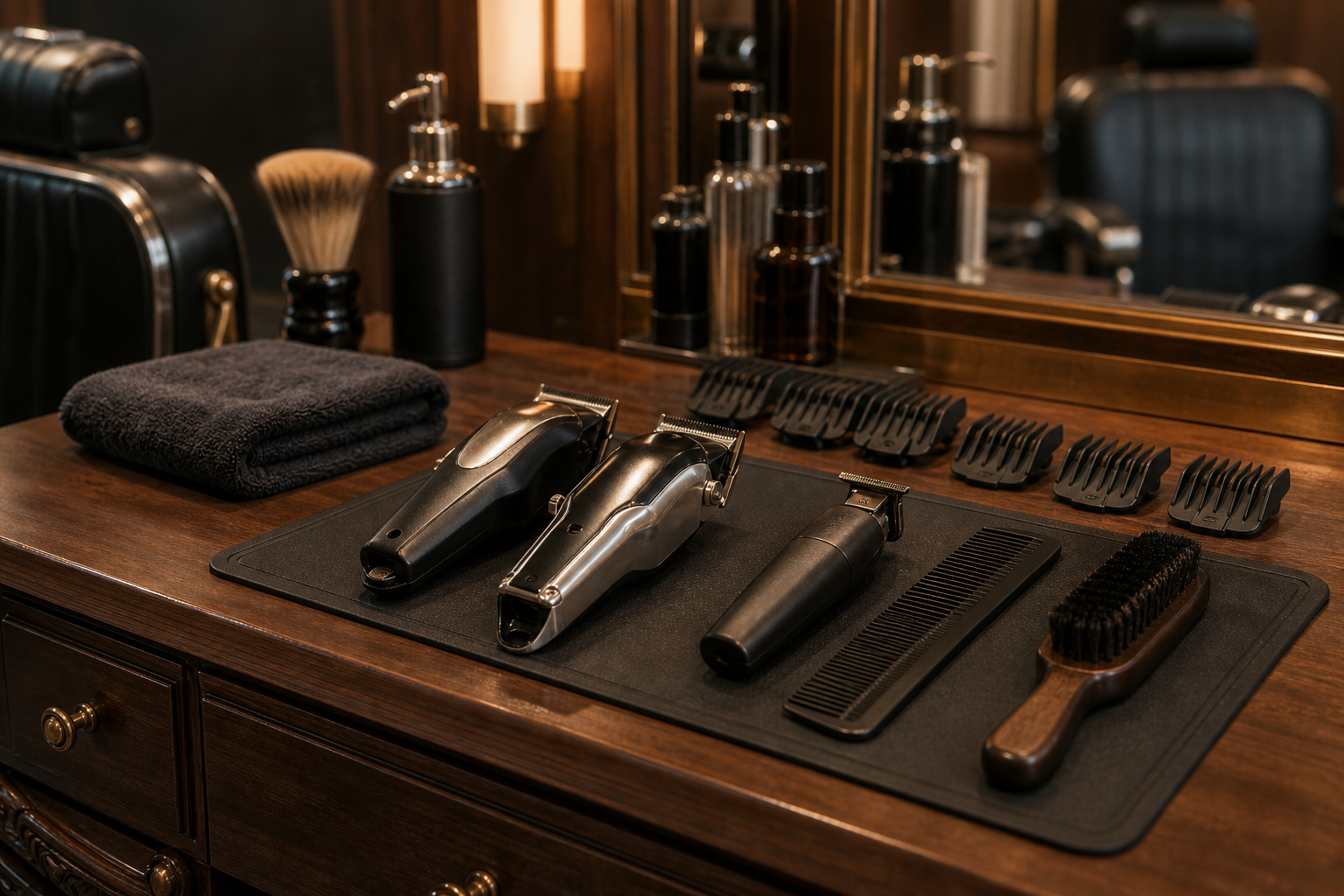 Haarschneidemaschinen und Trimmer an einem Barber-Arbeitsplatz
