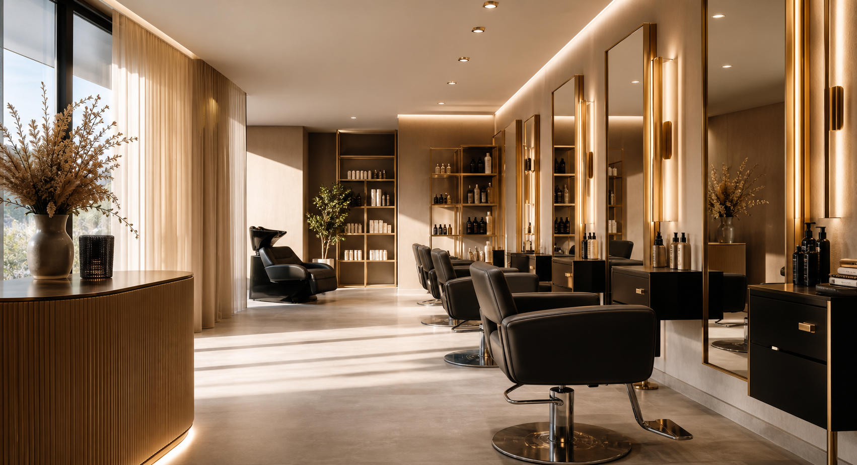Moderner Salon mit Friseurstühlen, Spiegelplätzen und Waschbereich