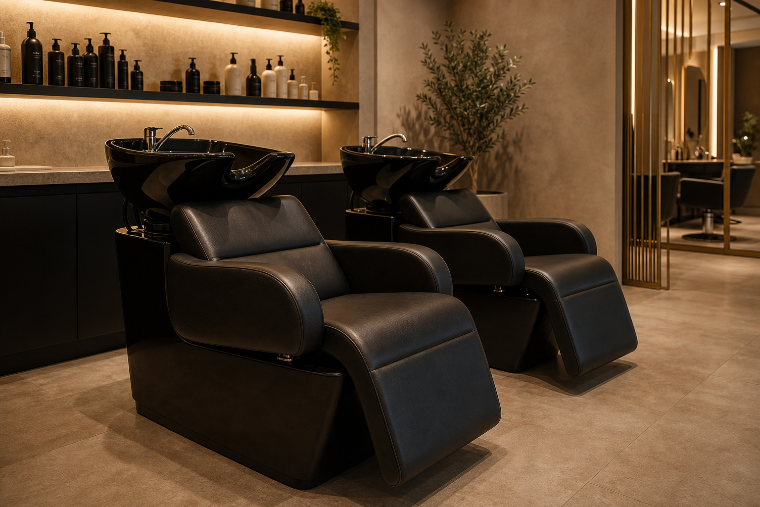 Waschplätze mit Friseurstühlen und Keramikbecken