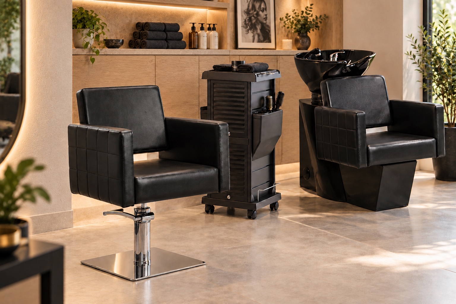 Friseur-Einrichtungsset Gabbiano Ankara – Stuhl, Waschanlage & Wagen – Einrichtungsidee mit den enthaltenen Möbeln