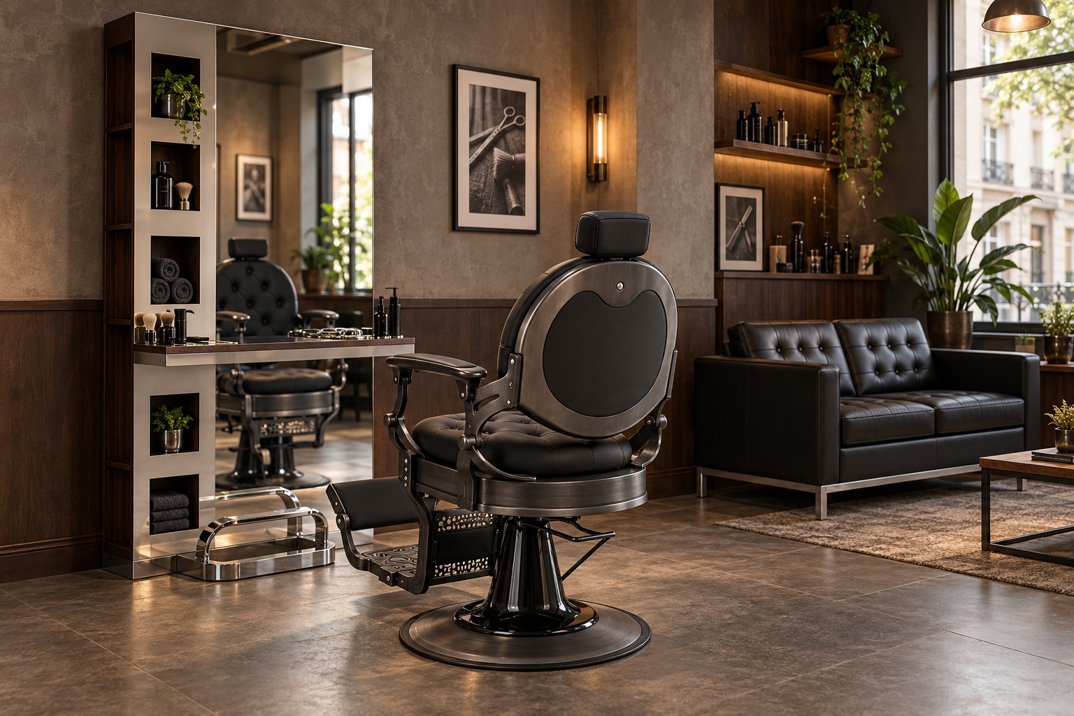 KI-Visualisierung Barbershop auf Basis von Barberstuhl Niccolo, Bedienplatz B058 Wenge, Gabbiano Zweisitzer