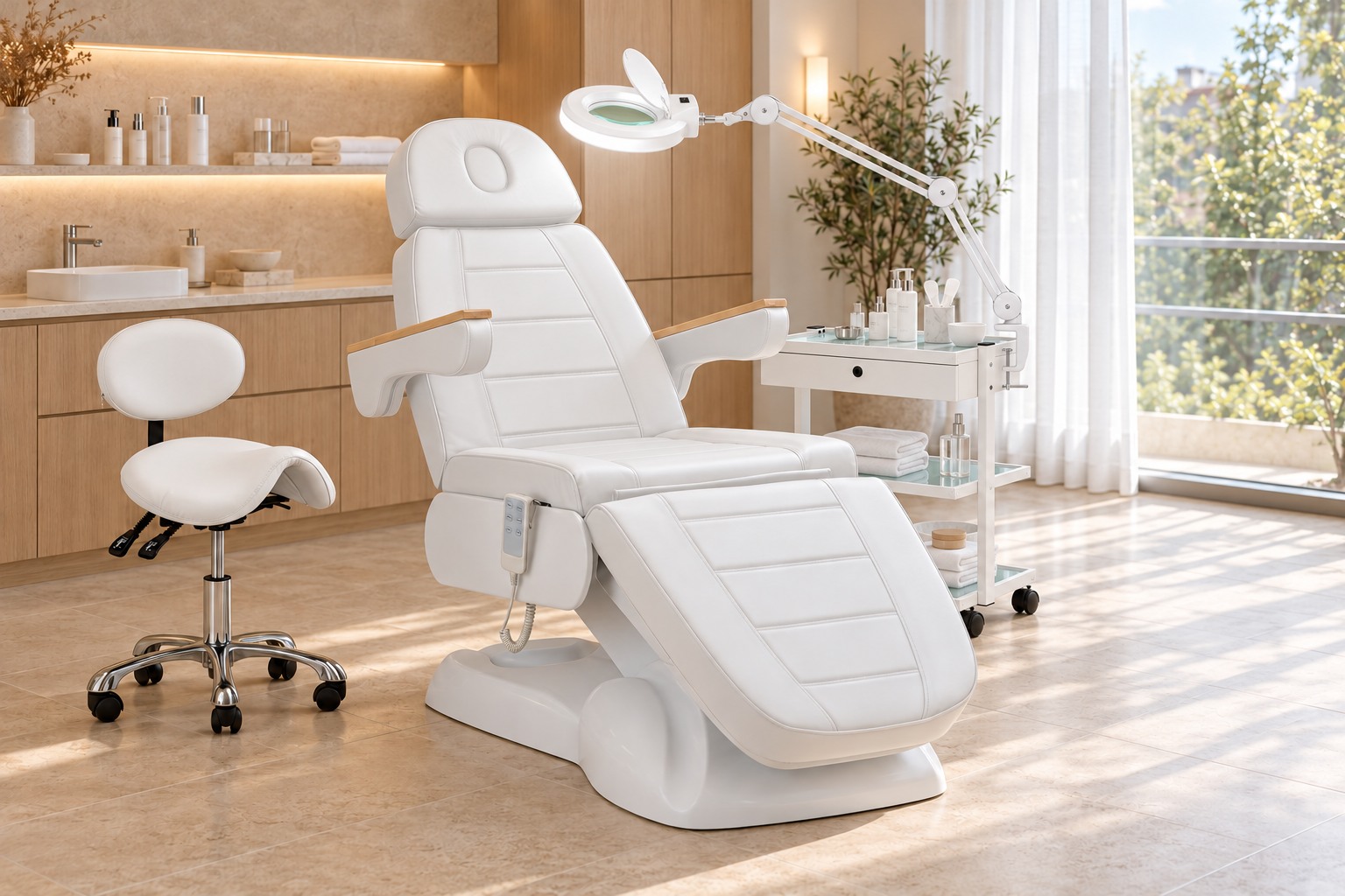 KI-Visualisierung Kosmetiksalon auf Basis von Kosmetikliege Sillon Lux 273B, Arbeitshocker 1025, Kosmetikwagen 1040A, LED-Lupenleuchte S5