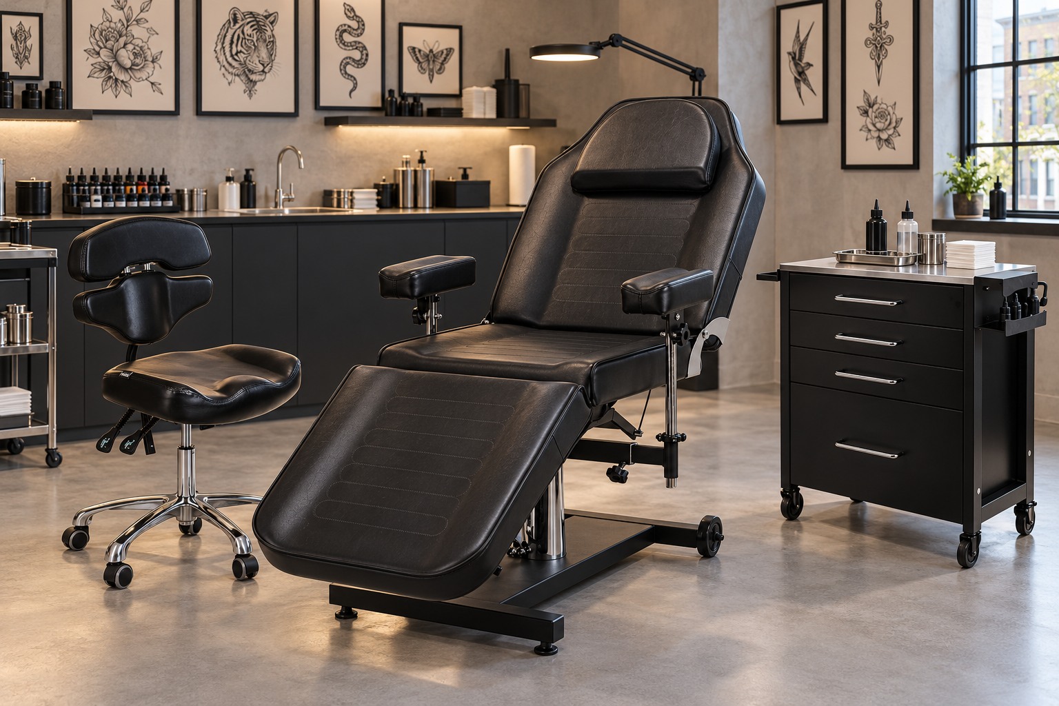 KI-Visualisierung Tattoostudio auf Basis von Tattoo-Stuhl PRO INK 322F, Tattoo-Arbeitshocker, Beistellwagen PRO INK 702