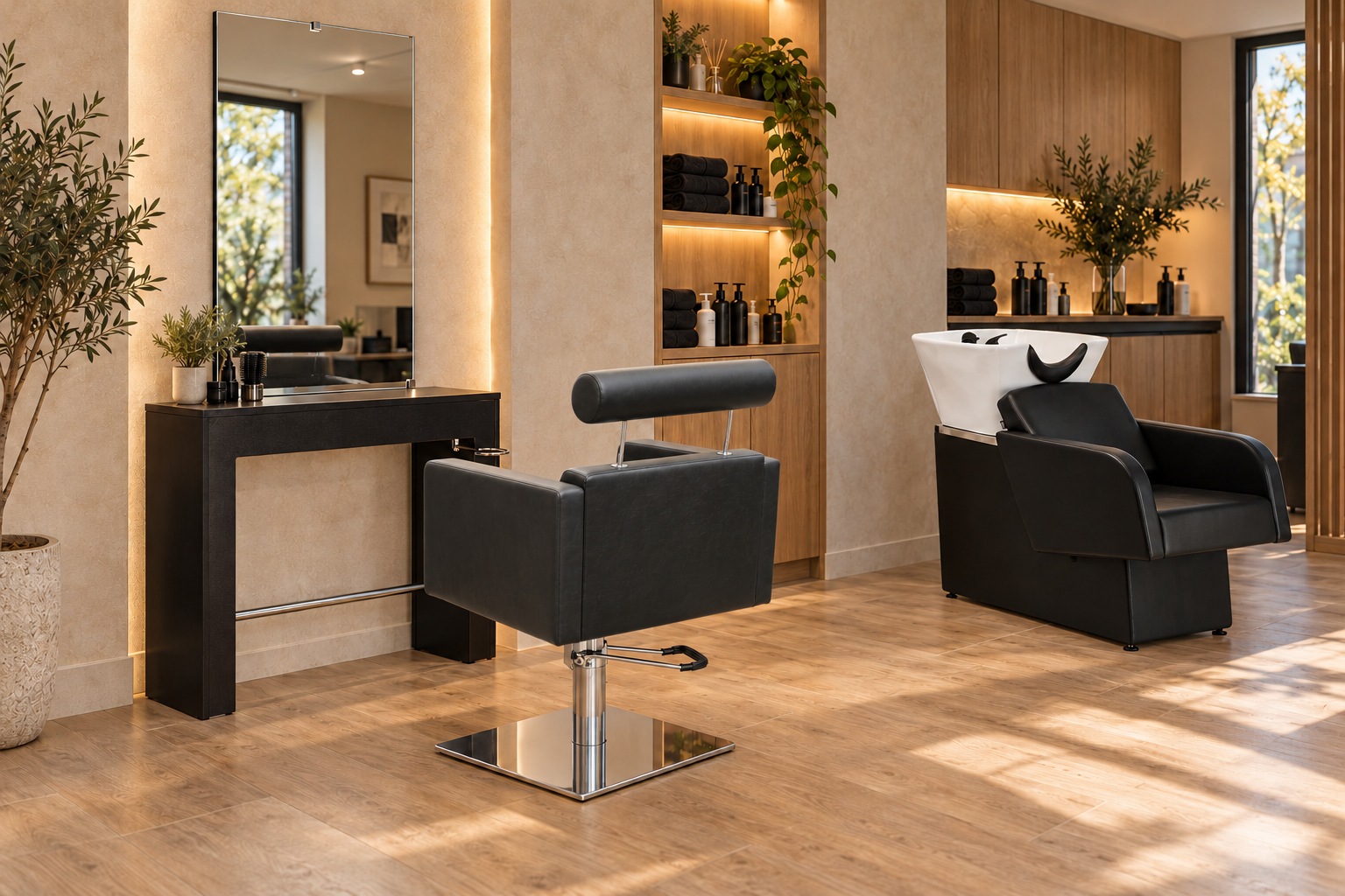 KI-Visualisierung Friseursalon auf Basis von Friseurstuhl Barcelona, Bedienplatz Swiss Dunkle, Friseurwaschanlage Turyn